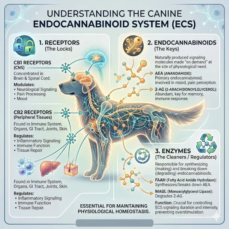 Diagram of the canine endocannabinoid system: receptors, endocannabinoids and enzymes