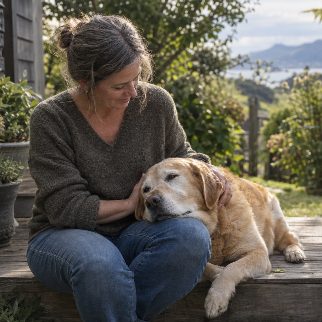 Woman sitting on a deck step with her senior labrador resting its head on her knee