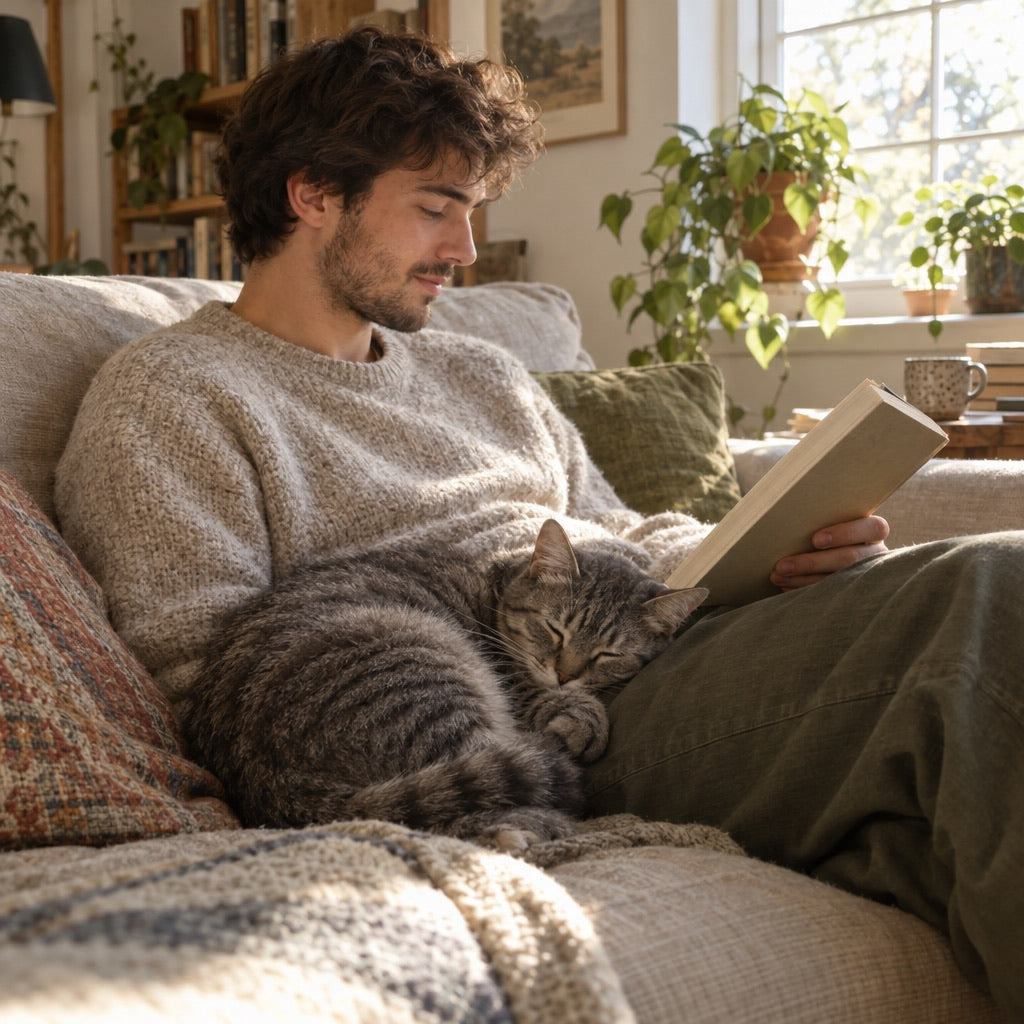 Grey tabby cat asleep on its owner's lap by a sunny window