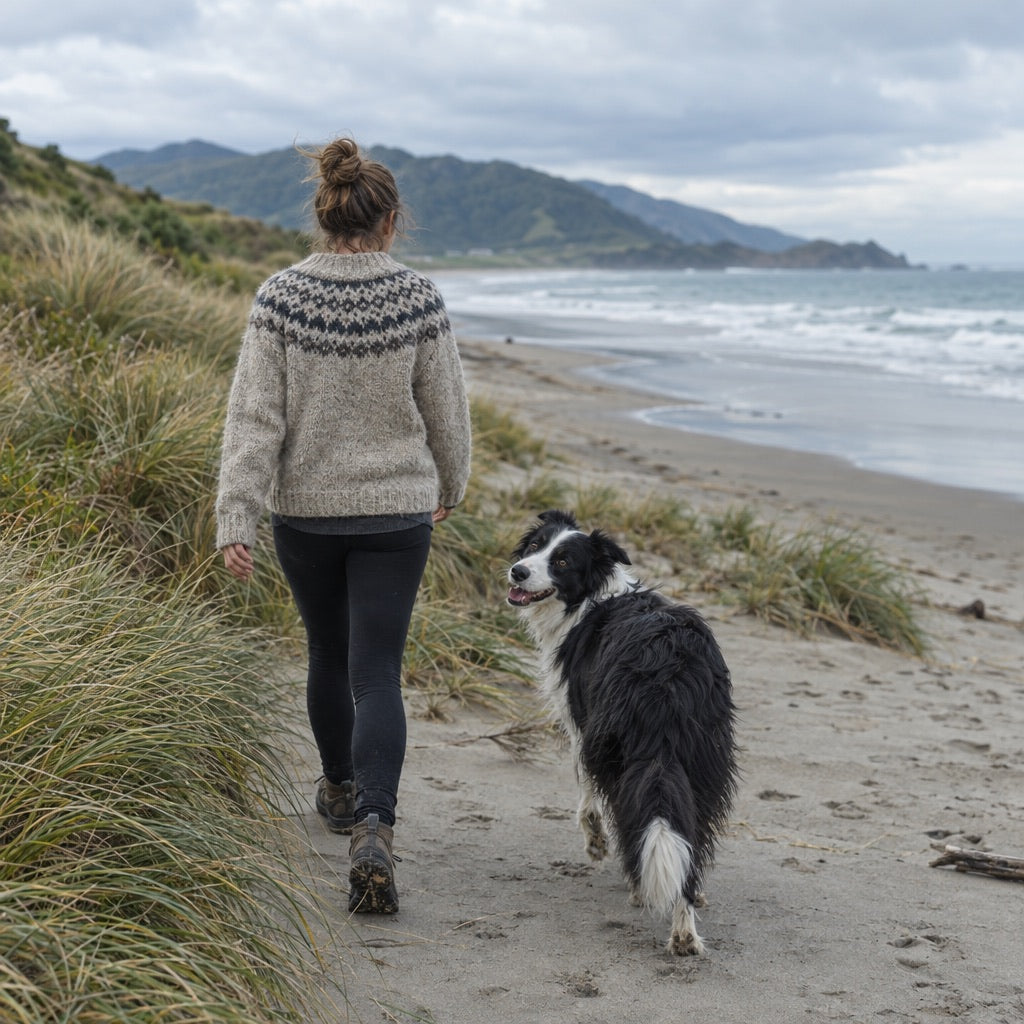 Border collie walking beside its owner along a New Zealand beach