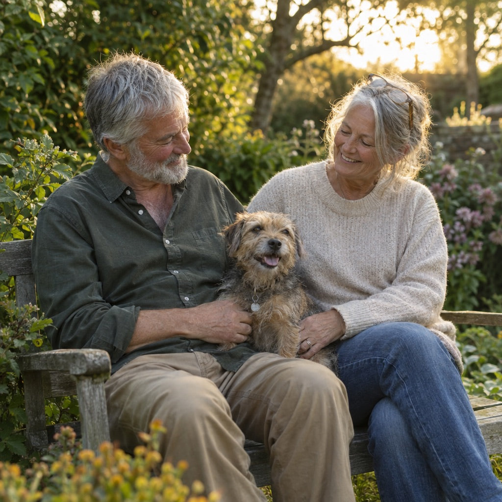 Older couple on a garden bench with their scruffy terrier between them
